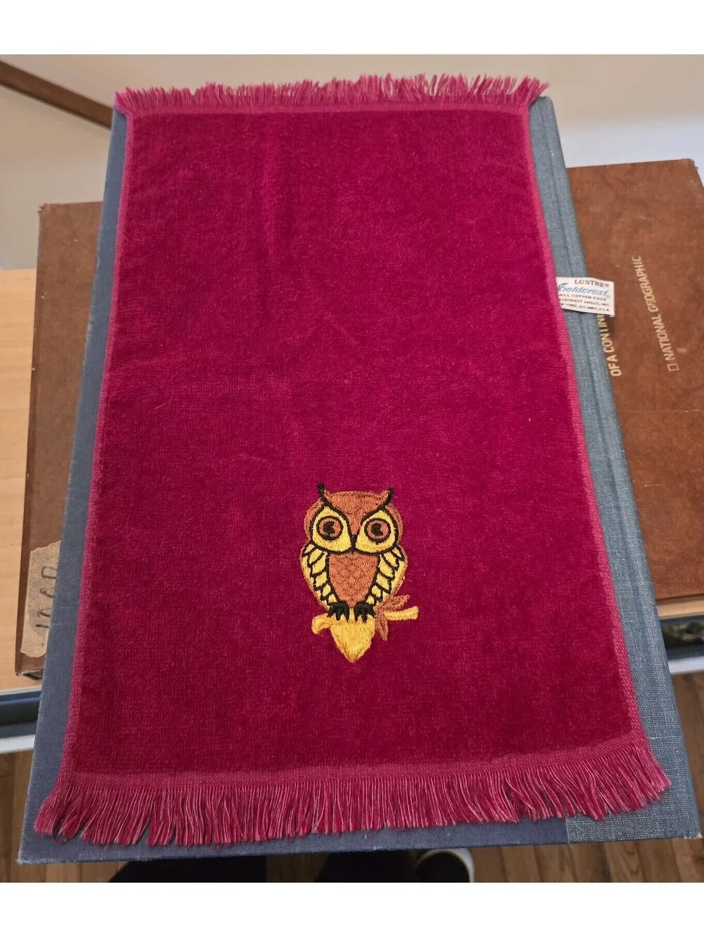 Vintage Lustre Fieldcrest Owl hand towel, red